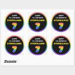 [ Thumbnail: 7th Birthday: Colorful Rainbow # 7, Custom Name Round Sticker ]