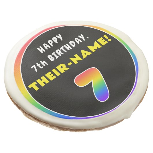 7th Birthday: Colorful Rainbow # 7, Custom Name Sugar Cookie (Angled)