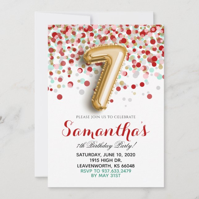 7th Birthday Confetti Invitation (Front)