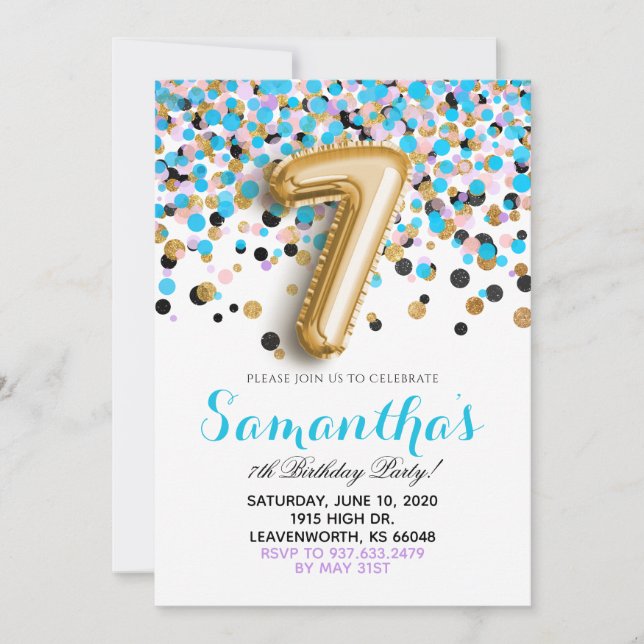 7th Birthday Confetti Invitation (Front)
