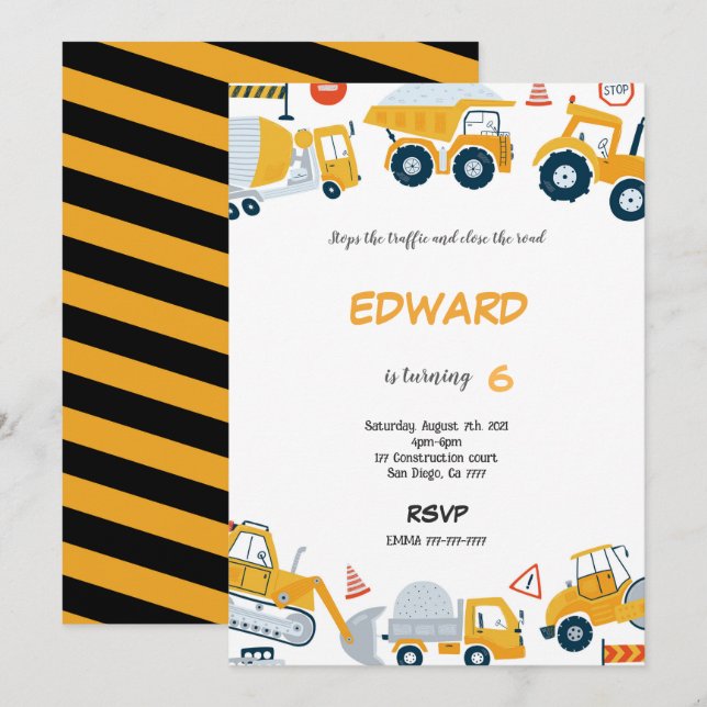 7th Birthday Construction Boy Invitation (Front/Back)