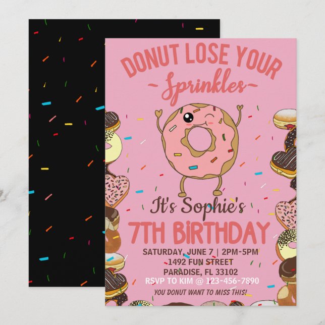 7th Birthday Donut Lose Your Sprinkles Girls Party Invitation (Front/Back)