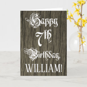 7th Birthday: Fancy, Elegant Text; Faux Wood Look Card