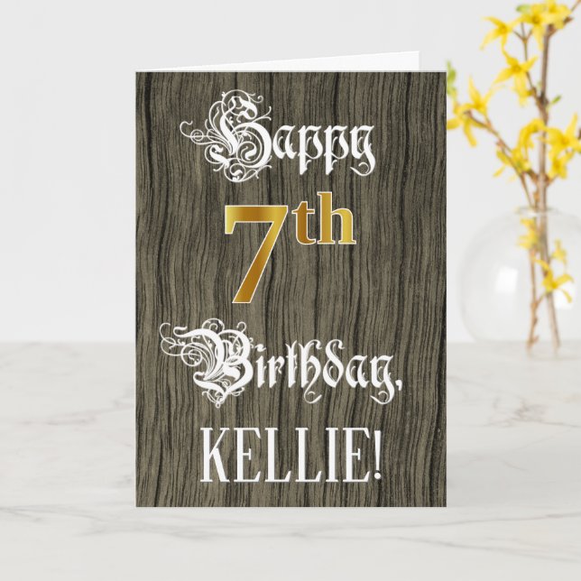7th Birthday: Faux Gold Look + Faux Wood Pattern Card (Yellow Flower)