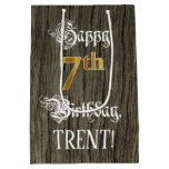 [ Thumbnail: 7th Birthday: Faux Gold Look & Faux Wood Pattern Gift Bag ]