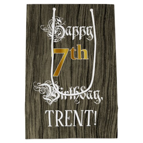 7th Birthday Faux Gold Look  Faux Wood Pattern Medium Gift Bag