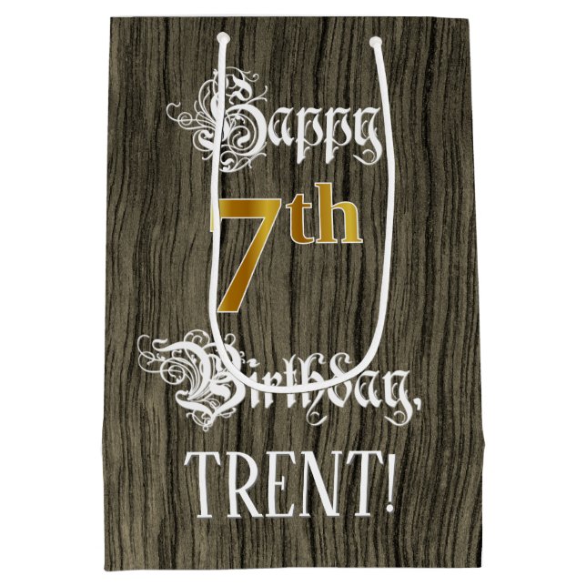 7th Birthday: Faux Gold Look & Faux Wood Pattern Medium Gift Bag (Back)