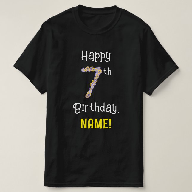 7th Birthday: Floral Flowers Number “7” + Name T-Shirt (Design Front)