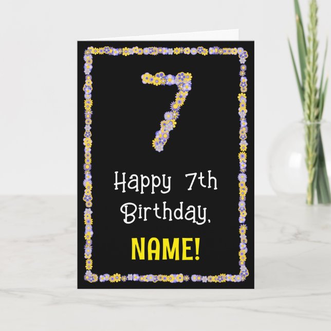 7th Birthday: Floral Flowers Number, Custom Name Card (Front)
