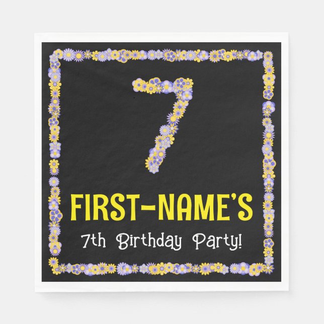 7th Birthday: Floral Flowers Number, Custom Name Napkins (Front)