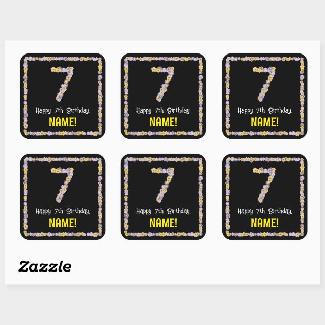 7th Birthday: Floral Flowers Number, Custom Name Square Sticker (Sheet)