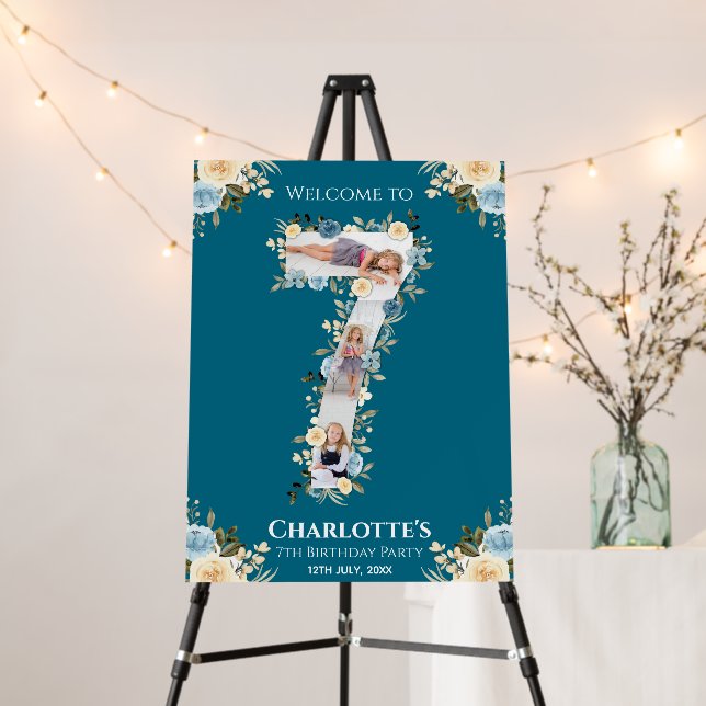 7th Birthday Flower Teal Photo Blue Yellow Welcome Foam Board (In Situ (Stand))