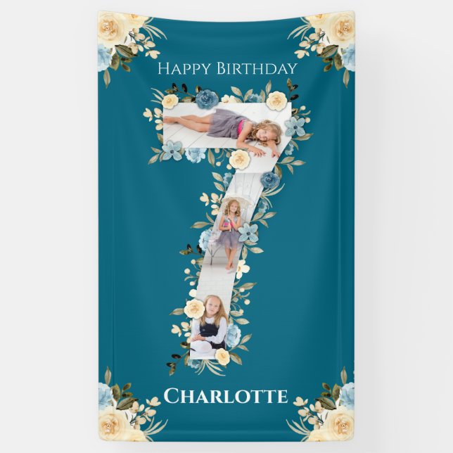 7th Birthday Flower Teal Photo Collage Blue Yellow Banner (Vertical)