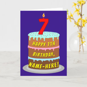 7th Birthday: Fun Cake and Candle + Custom Name Card