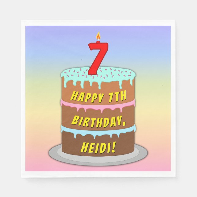 7th Birthday: Fun Cake and Candle + Custom Name Napkins (Front)