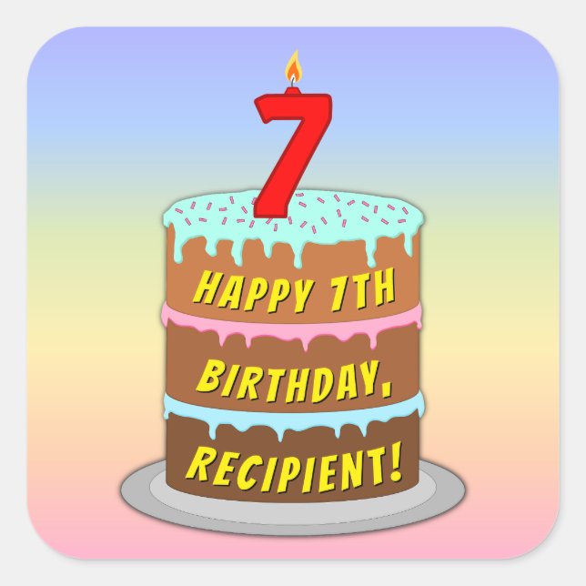 7th Birthday: Fun Cake and Candle + Custom Name Square Sticker (Front)