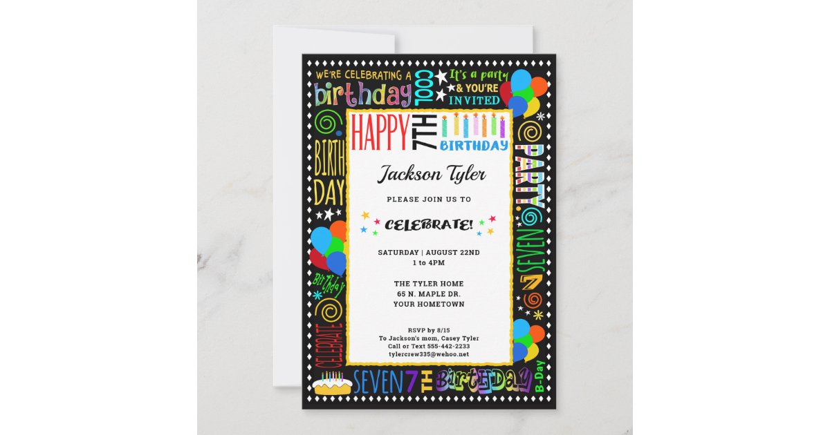 7th Birthday Fun Color Crazy Text on Black Party Invitation | Zazzle