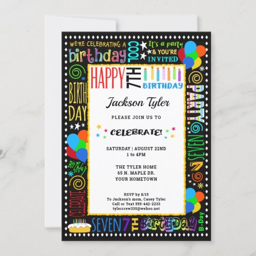 7th Birthday Fun Color Crazy Text on Black Party Invitation