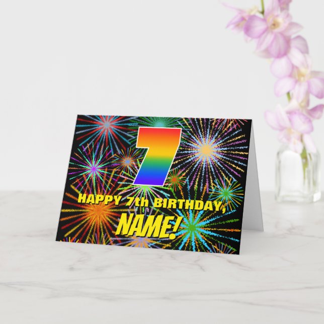 7th Birthday: Fun, Colorful Celebratory Fireworks Card (Orchid)