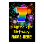 [ Thumbnail: 7th Birthday: Fun Fireworks Pattern & Rainbow 7 Card ]