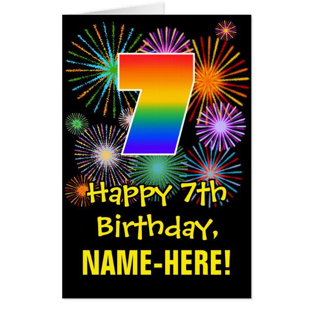7th Birthday: Fun Fireworks Pattern & Rainbow 7 Card (Front)