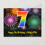 [ Thumbnail: 7th Birthday – Fun Fireworks Pattern + Rainbow 7 Postcard ]