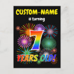 [ Thumbnail: 7th Birthday - Fun Fireworks, Rainbow Look "7" Postcard ]