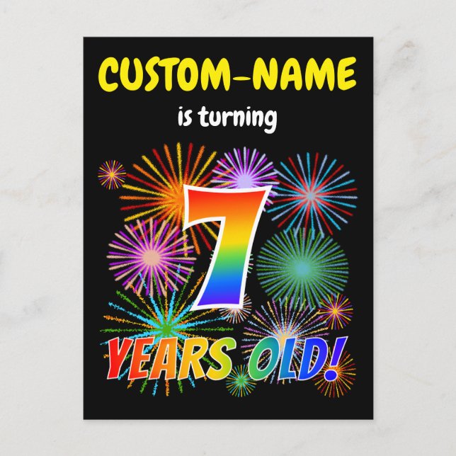7th Birthday - Fun Fireworks, Rainbow Look "7" Postcard (Front)