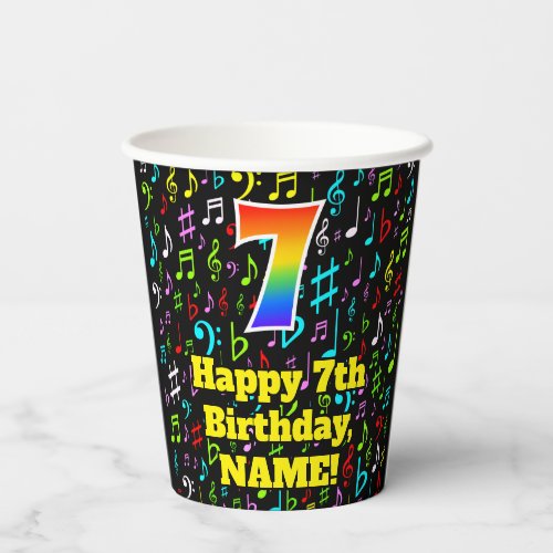 7th Birthday Fun Music Notes Pattern Rainbow 7 Paper Cups