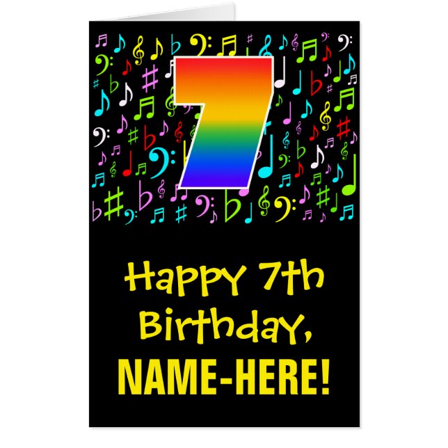 7th Birthday: Fun Music Symbols + Rainbow # 7 Card (Front)