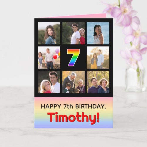 7th Birthday Fun Rainbow  Custom Photos  Name Card