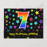 [ Thumbnail: 7th Birthday: Fun Stars Pattern, Rainbow 7, Name Postcard ]