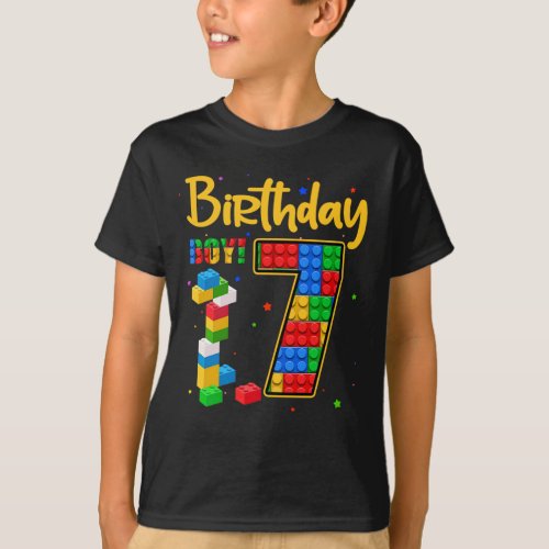 7th Birthday Gift 7 Years Old Block Building Boys  T_Shirt