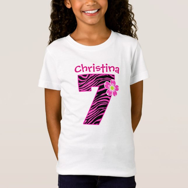 7th Birthday Girl Hot Pink & Black Zebra Pattern T-Shirt (Front)
