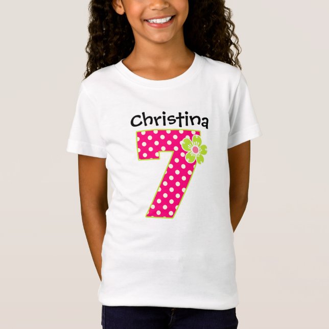 7th Birthday Girl Hot Pink & Green Dots T-Shirt (Front)