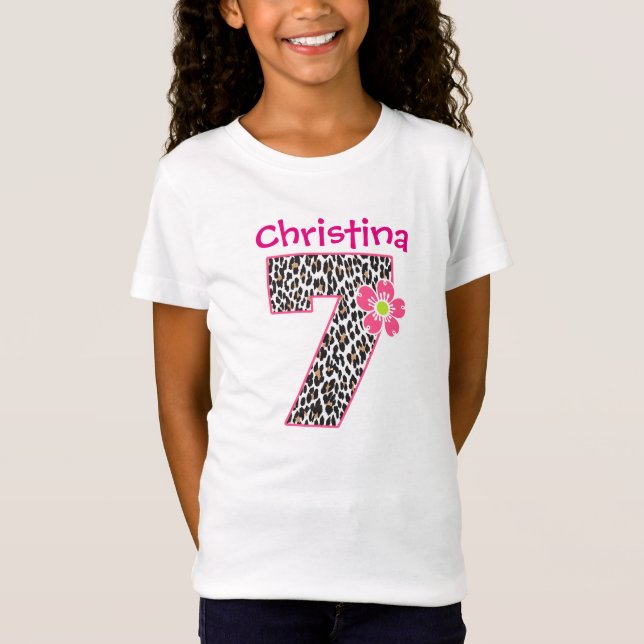 7th Birthday Girl Hot Pink & leopard print T-Shirt (Front)