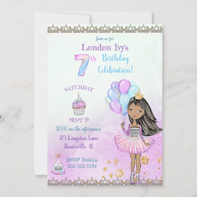 7th Birthday Girl Princess African American Invitation (Front)