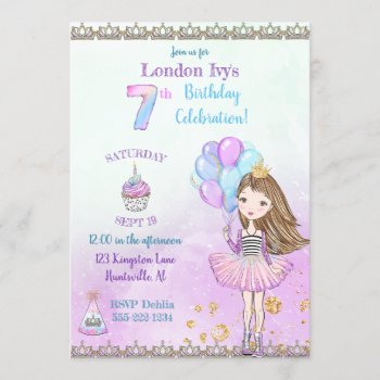 7th Birthday Girl Princess Cupcake Balloons Invitation by nawnibelles at Zazzle