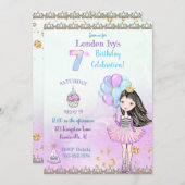 7th Birthday Girl Princess Cupcake Balloons Invitation (Front/Back)