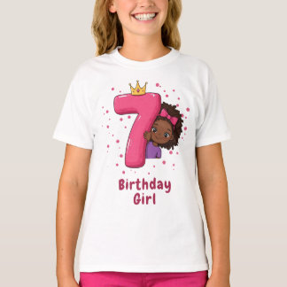 7th Birthday Girl with Crown and Pink Number T-Shirt
