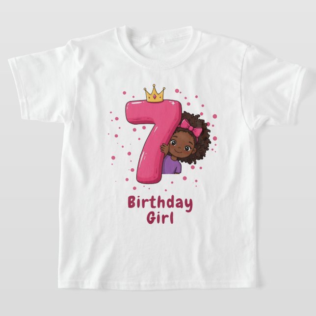 7th Birthday Girl with Crown and Pink Number T-Shirt (Laydown)