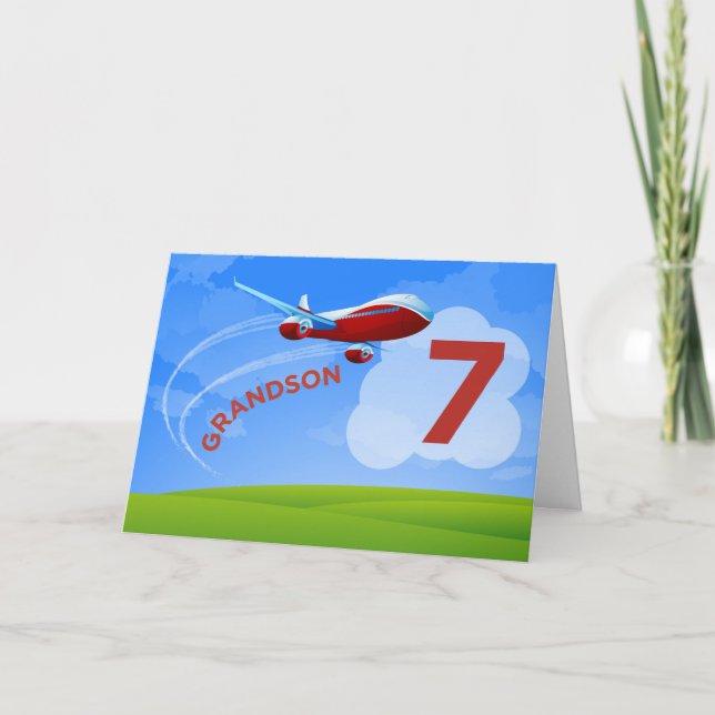7th Birthday, Grandson, Red Airplane Card (Front)