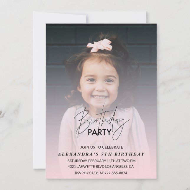 7th birthday invitation Birthday Party Photo pink (Front)