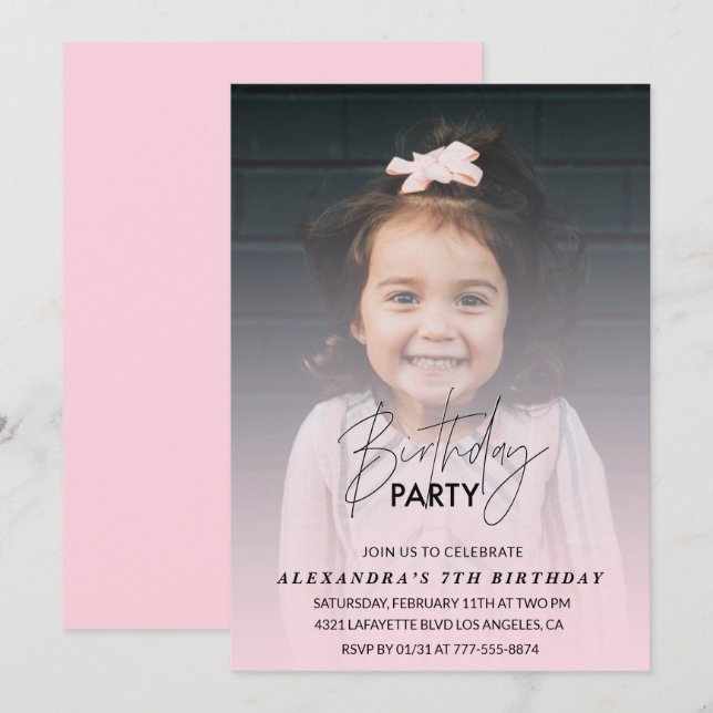 7th birthday invitation Birthday Party Photo pink (Front/Back)