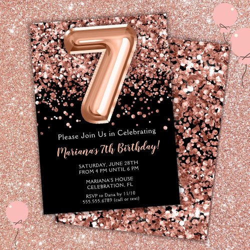 7th Birthday Invitation Black Rose Gold Glitter