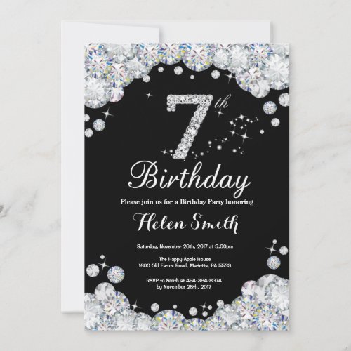 7th Birthday Invitation Chalkboard Silver Diamond
