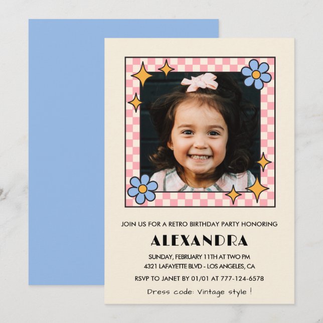 7th birthday invitation Retro Groovy Blue Floral (Front/Back)