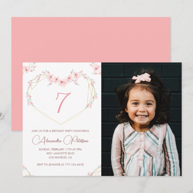 7th birthday invitations Boho Floral Photo (Front/Back)