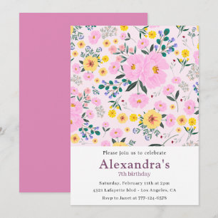 7th birthday invitations Boho Floral Pink