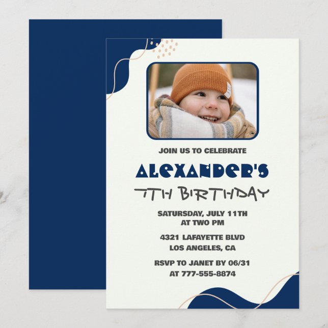 7th birthday invitations Boy Navy Simple Photo (Front/Back)